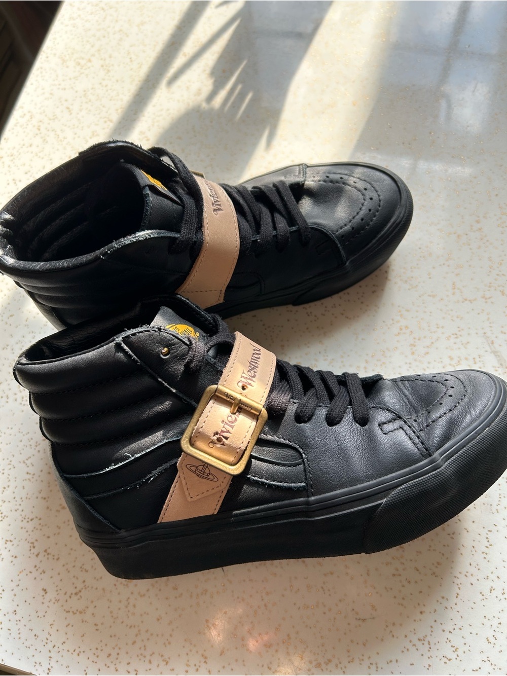 Vivienne Westwood Vans Unisex High-Top Leather Sneakers in Black with Tan Strap